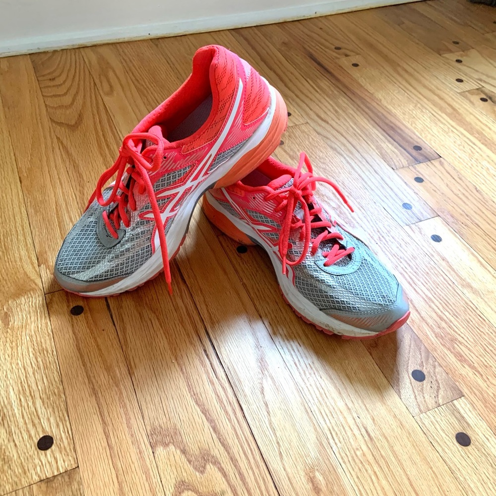 ASICS sneakers running shoes athletic orange,pink, silver, and white